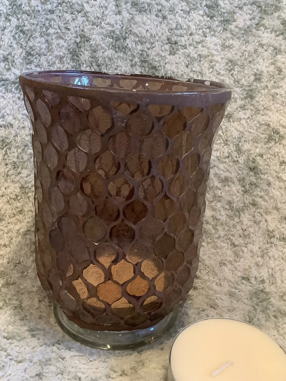 Brown Glass Moroccan Bohemian Romantic Candle Hurricane with 2 xl votives NWT